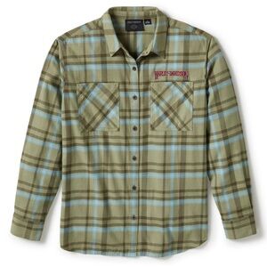 Preowned Women's Harley-Davidson Green Flannel Eagle Patch Button-Up Shirt Sz M